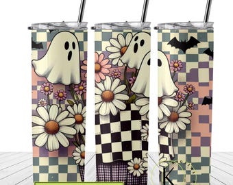 May include: A stainless steel tumbler with a checkered pattern and a design of ghosts and flowers. The tumbler has a pink, purple, and white color scheme. The text "DIGITAL DOWNLOAD - PNG - 300DPI" is at the bottom of the tumbler.
