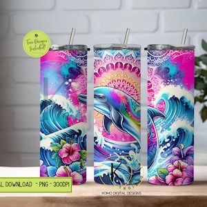 Delphin Tumbler Wrap, Tropical Sublimation Designvorlagen, Hibiskus Floral Ocean Beach Tumbler PNG, digitaler Download, 20 Unzen Tumbler Wrap