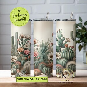 Diseño de sublimación para vaso delgado de 20 oz con diseño de cactus y suculentas del suroeste bohemio, descarga digital, envoltura para vaso PNG