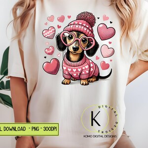 Valentinstag Dackel PNG | Wurst Hund Clipart | Rosa Herz Welpe Sublimationsdesign | Valentinstag Dog Mom Geschenk