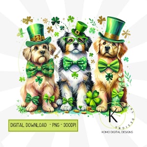 Chiens de la Saint-Patrick PNG | Clipart animal de compagnie festif mignon | Conception numérique Green Hat & Clover | Pièces d'or et trèfles, sublimation pour amoureux des chiens