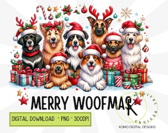 Merry Woofmas Dog Christmas PNG | Cute Holiday Dogs in Santa Hats | Christmas Sublimation Design | Dog Lover Clipart | Digital Download