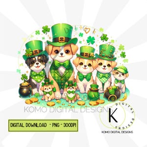 Chiens de la Saint-Patrick PNG | Clipart animal de compagnie festif mignon | Conception numérique Green Hat & Clover | Pièces d'or et trèfles, sublimation pour amoureux des chiens