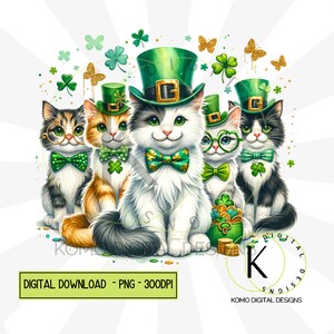 Les chats de la Saint-Patrick PNG | Clipart animal de compagnie festif mignon | Conception numérique Green Hat & Clover | Pièces d'or et trèfles, sublimation pour amoureux des chats