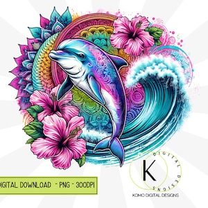 Delphin Clipart PNG, Tropical Sublimation Designvorlagen, Hibiskus Blumen Ozean Strand Digital Download, Abstract Marine Design