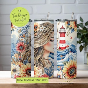 Tumbler estetico da spiaggia e da pescatore costiero PNG Insegnante stravagante Sirena Design a sublimazione 20oz Tumbler sottile nautico Onde costiere