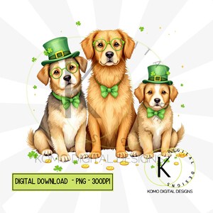 Chiens de la Saint-Patrick PNG | Clipart animal de compagnie festif mignon | Conception numérique Green Hat & Clover | Pièces d'or et trèfles, sublimation pour amoureux des chiens