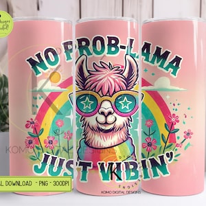 No Prob Llama Tumbler Wrap PNG | Retro Vibes Sublimation | Rainbow Seamless Wrap | Vibrant 20oz Digital Download | Cute Alpaca PNG