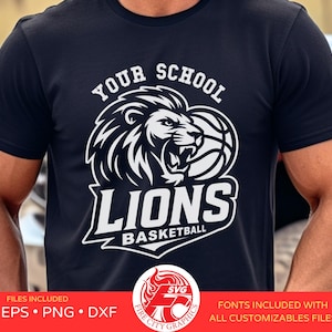 SVG personalizzabile di basket dei Lions, SVG personalizzato della squadra dei Lions, SVG di maglia da basket personalizzata, PNG della mascotte dei Lions, Spirito della scuola superiore dei Lions