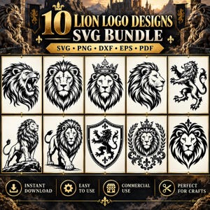 May include: A digital bundle of 10 lion logo designs in SVG, PNG, DXF, EPS, and PDF formats. The image displays various black and white illustrations of lions, including roaring, crowned, and shield-based motifs on a light background.