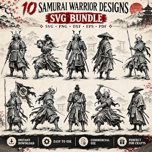 May include: A digital graphic collection titled 10 Samurai Warrior Designs SVG Bundle featuring ten distinct black and white illustrations of samurai in various poses with swords and spears, set against a background with mountains and torii gates.