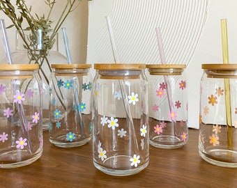 Daisy Iced Coffee Glass Cup Spring Floral Glass Cup With Bamboo Lid and ...