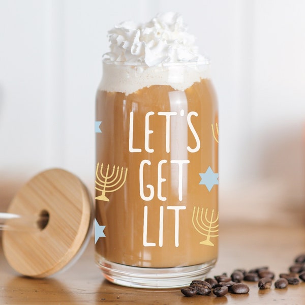 Hanukkah Glass Cup, Iced Coffee Cup with Lid & Straw, Menorah Beer Can Glass, Chanukah Mug, Dreidel Tumbler, Hanukkah Gift, Jewish Holiday