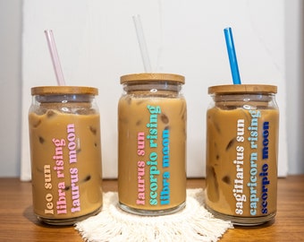 Zodiac Cup Birthday Gift, Personalized Iced Coffee Glass Cup with Lid & Straw, Big Three Astrology Zodiac Sign Gifts
