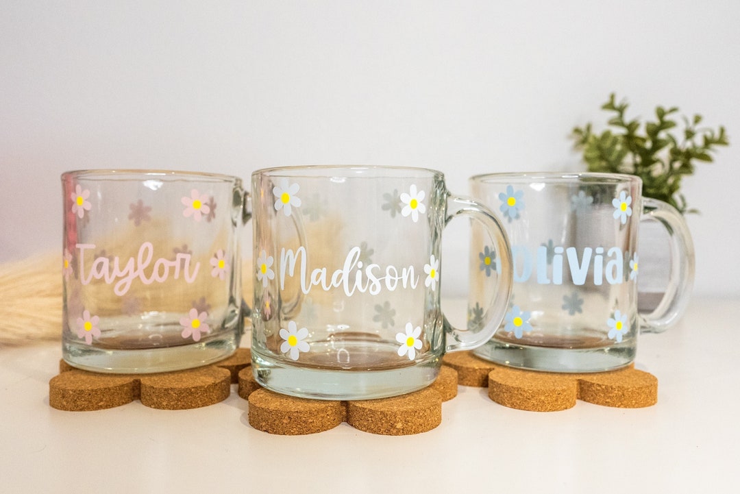 Custom Bridesmaid Clear Glass Mug, Personalized Coffee Cup With Name,  Bridesmaid Gift, Bridesmaid Proposal Gift, Pastel Daisy Flower Mug 