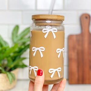 Tiny Bow Iced Coffee Glass Cup With Lid & Straw, Gift for Friends, Cute ...