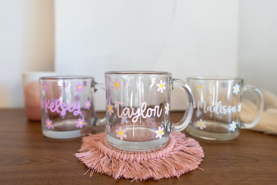 Custom Bridesmaid Clear Glass Mug, Personalized Coffee Cup With Name,  Bridesmaid Gift, Bridesmaid Proposal Gift, Pastel Daisy Flower Mug 