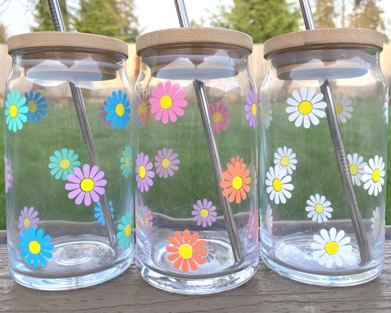 Flower Glass Cup Iced Coffee Cup With Lid & Straw Aesthetic Glass Beer Can  Glass Daisy Cup Floral Can Glass Coffee Glass Cup 