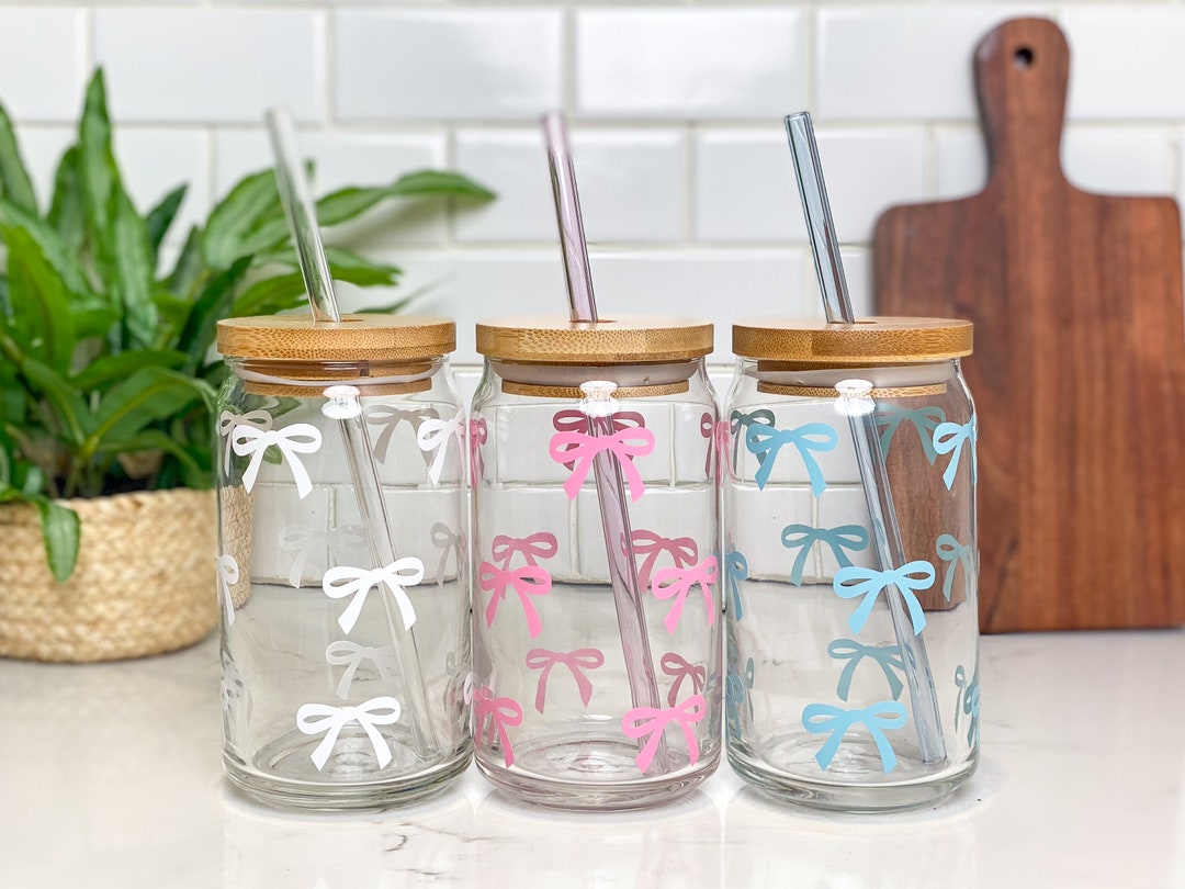 Tiny Bow Iced Coffee Glass Cup With Lid & Straw, Gift for Friends, Cute ...