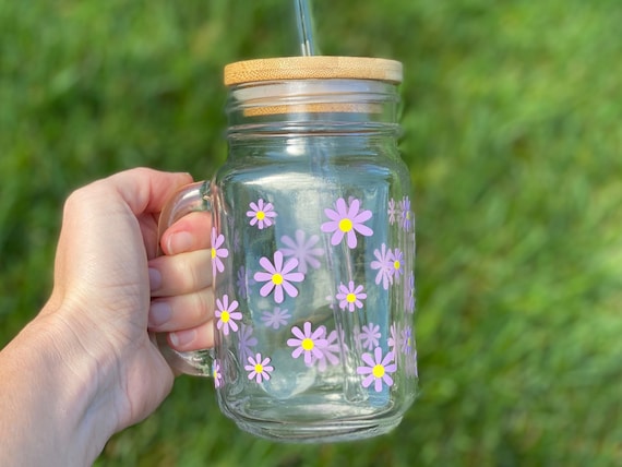 Flower Mason Jar Cup With Handle, Iced Coffee Cup With Lid & Straw