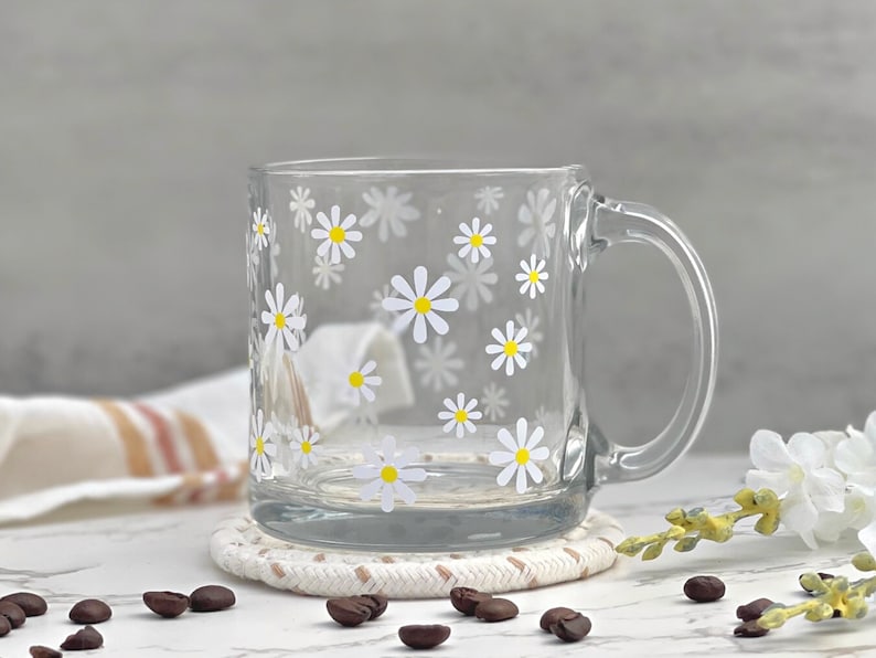 Daisy Glass Mug, Glass Coffee Cup, Clear Glass Coffee Mug, Aesthetic Glasses, Daisy Flower Glasses, Coffee Lover Gift, Gift for Best Friend image 5