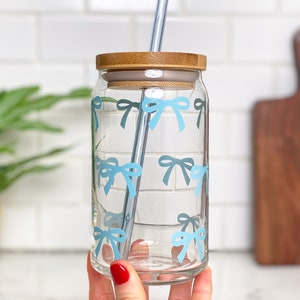 Tiny Bow Iced Coffee Glass Cup With Lid & Straw, Gift for Friends, Cute ...