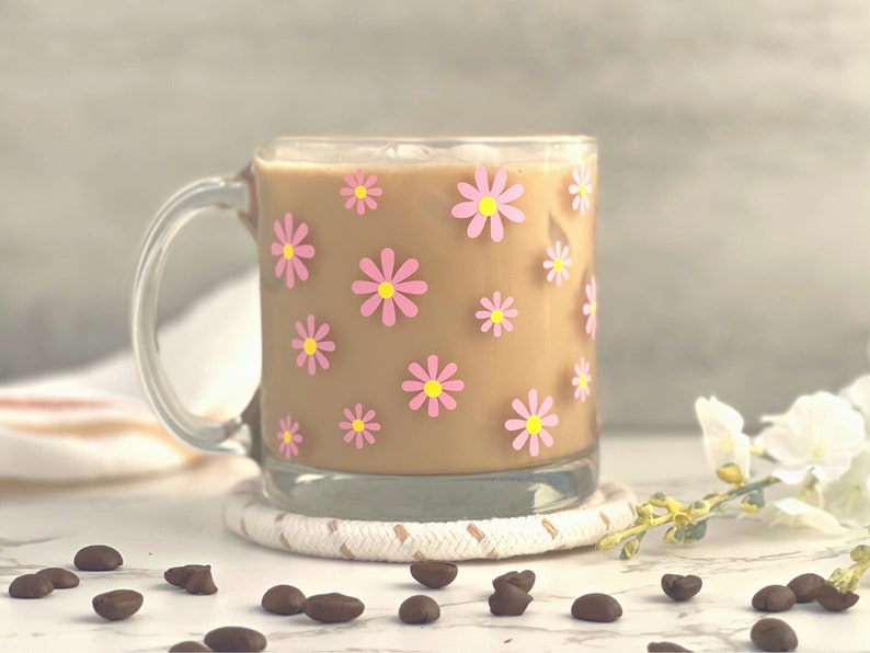 Daisy Glass Mug, Glass Coffee Cup, Clear Glass Coffee Mug, Aesthetic Glasses, Daisy Flower Glasses, Coffee Lover Gift, Gift for Best Friend image 2