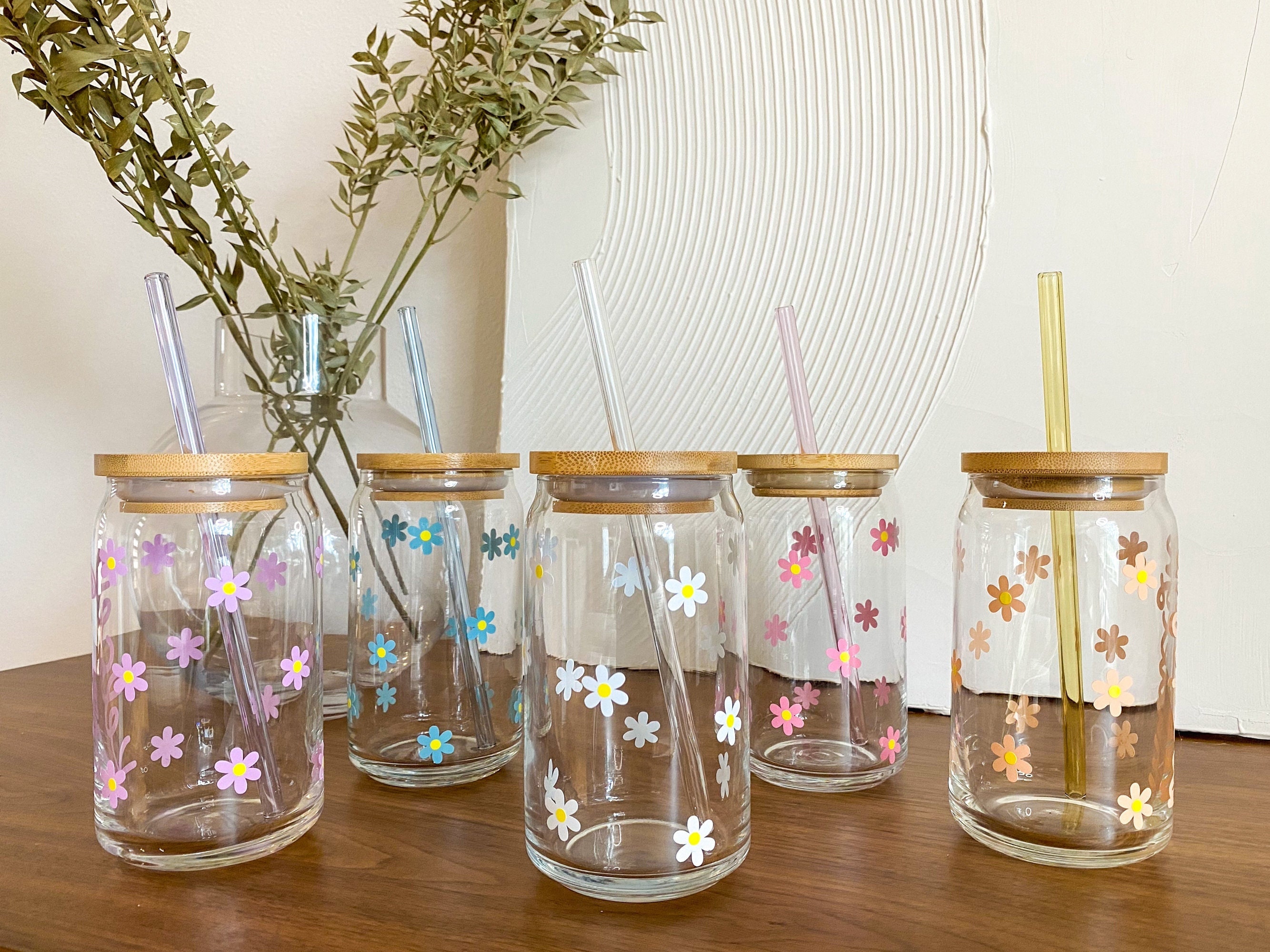 GROOVY FLOWER Glass Can Cup W/ Bamboo Lid & Straw Iced Coffee Glass Cup  Soda Can Glass Cup Beer Glass Can Cup Coffee Cup 