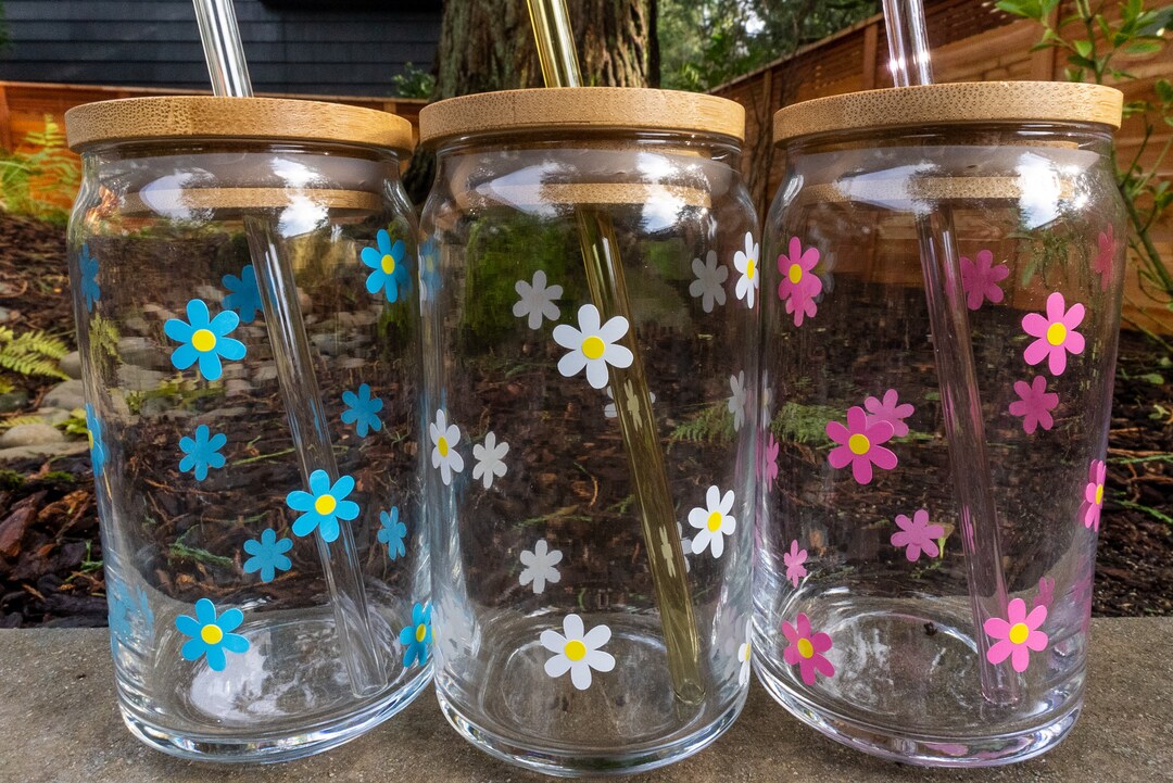 Iced Coffee Cup With Flower, Beer Can Glass With Lid & Straw, Small ...