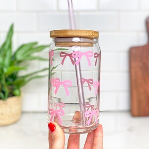 Tiny Bow Iced Coffee Glass Cup With Lid & Straw, Gift for Friends, Cute ...