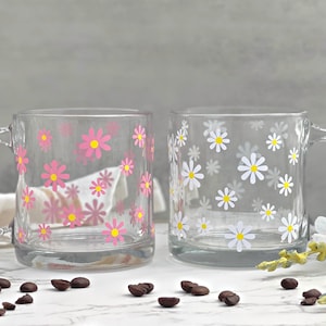 Daisy Glass Mug, Glass Coffee Cup, Clear Glass Coffee Mug, Aesthetic Glasses, Daisy Flower Glasses, Coffee Lover Gift, Gift for Best Friend