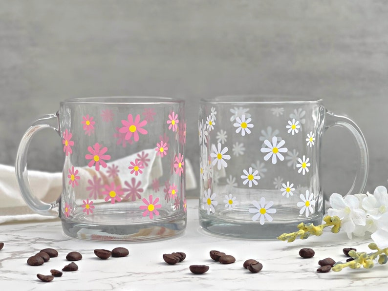 Daisy Glass Mug, Glass Coffee Cup, Clear Glass Coffee Mug, Aesthetic Glasses, Daisy Flower Glasses, Coffee Lover Gift, Gift for Best Friend image 1