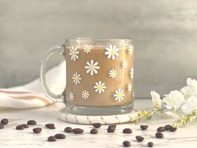 Daisy Glass Mug, Glass Coffee Cup, Clear Glass Coffee Mug, Aesthetic Glasses, Daisy Flower Glasses, Coffee Lover Gift, Gift for Best Friend image 3