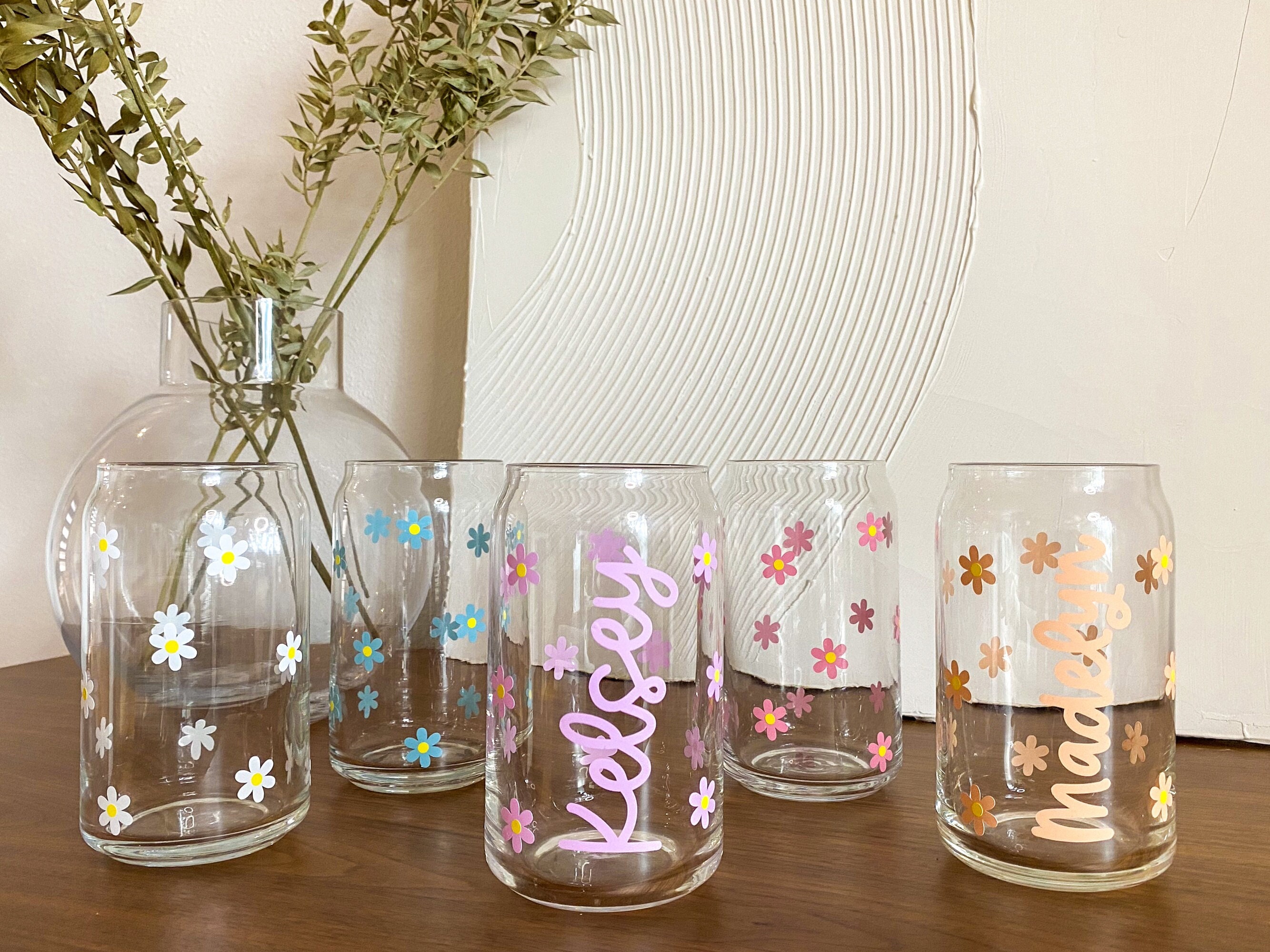 Custom Name Glass Can Libbey Glass Cup Trendy Tiktok Glass Cup Glass Can Cup  for Coffee Trendy Daisy Flower Name Cup Tumbler for Her 