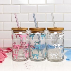Tiny Bow Iced Coffee Glass Cup With Lid & Straw, Gift for Friends, Cute ...
