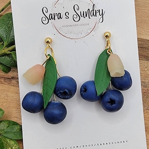 Blueberry Dangle Earrings, Handmade from light weight Polymer clay, Nickel Free ball post