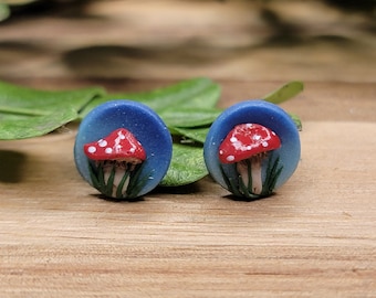 Magic Mushroom Stud Earrings made with lightweight polymer clay and stainless steel nickel free posts.