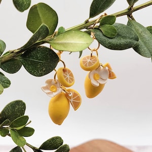 Lemon Dangle Earrings, Handmade from light weight Polymer clay, Nickel Free Lever Back Clasp