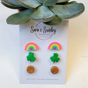 Rainbows and Lucky Clover Three Piece Stud Earring Pack