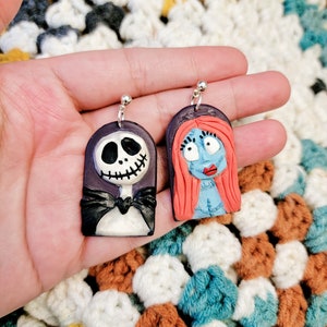Jack & Sally Nightmare Earrings, Handmade from lightweight Polymer clay, Nickel Free post