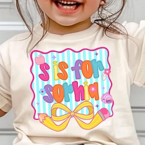Custom Kids Back to School Shirt, Bow Coquette Frame Seersucker Preppy Trendy Shirt, Custom Alphabet Name Shirt for Kids, 1st Day of School