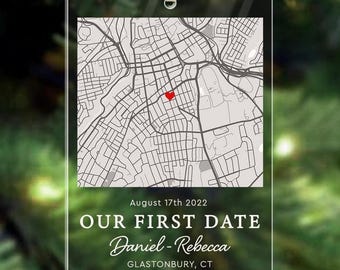 Personalized Map Our First Date Ornament, Custom Couple Ornament, Anniversary Gift, Christmas Gift, Xmas Couple Gifts, Christmas Tree Decor