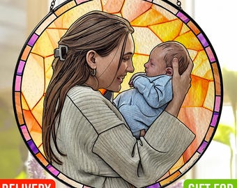 Custom Photo Stained Glass Suncatcher Gift for Mom, Personalized Gift