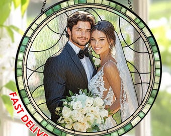 Personalized Couple Portrait Stained Glass Suncatcher: Wedding Anniversary Gift