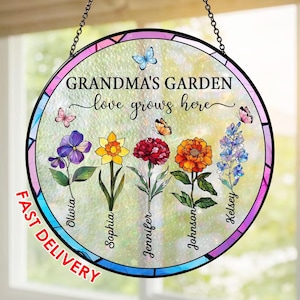 Personalized Grandma's Garden Acrylic Suncatcher: Stained Glass Flower Window Hanging