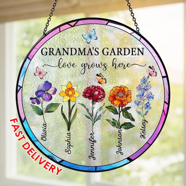 Atrapasueños acrílico personalizado para el jardín de la abuela: Adorno colgante de ventana con forma de flor de vidriera