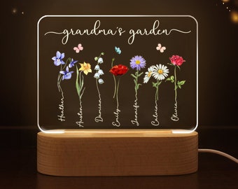 Custom Grandma's Garden Night Light, Mothers Day Gift For Grandmother, Custom Grandkids Birth Month Flowers Gift, Personalized Family Gifts