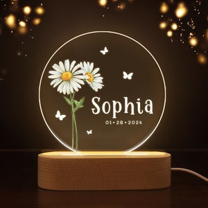 Custom Birth Month Flower Night Light, Personalized Baby Night Light, Baby Shower Gift, Nursery Decor, Christening Gift, Baby Girl Gift image 1