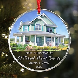 New Home Ornament, Watercolor Photo Glass Ornament, New House Christmas Ornaments, Housewarming Gift, Realtor Client Gift, Couples Ornament