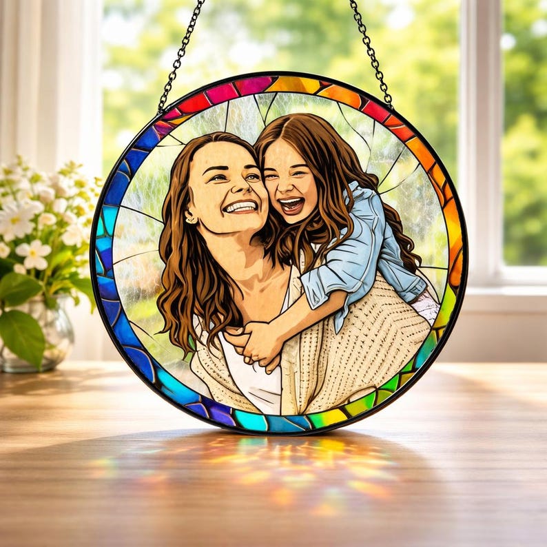 Custom Stained Glass Mom Portrait Suncatcher, Photo Glass Art, Mothers ...
